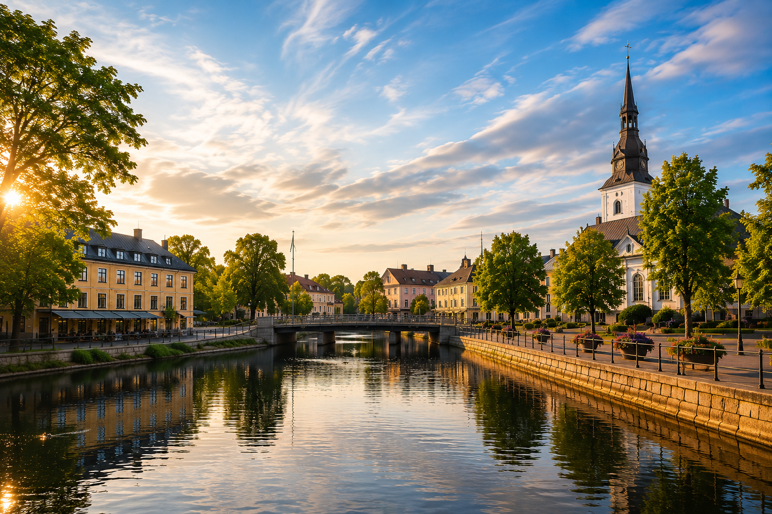 Enköping stad och ån vid solnedgång